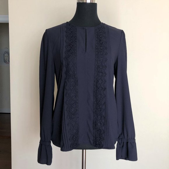 Ann Taylor Navy Top with Lace Trim - Picture 1 of 5